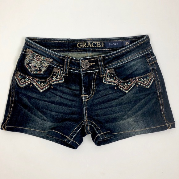 Grace in LA Pants - Grace in LA Aztec Stitching Jean Shorts. 25